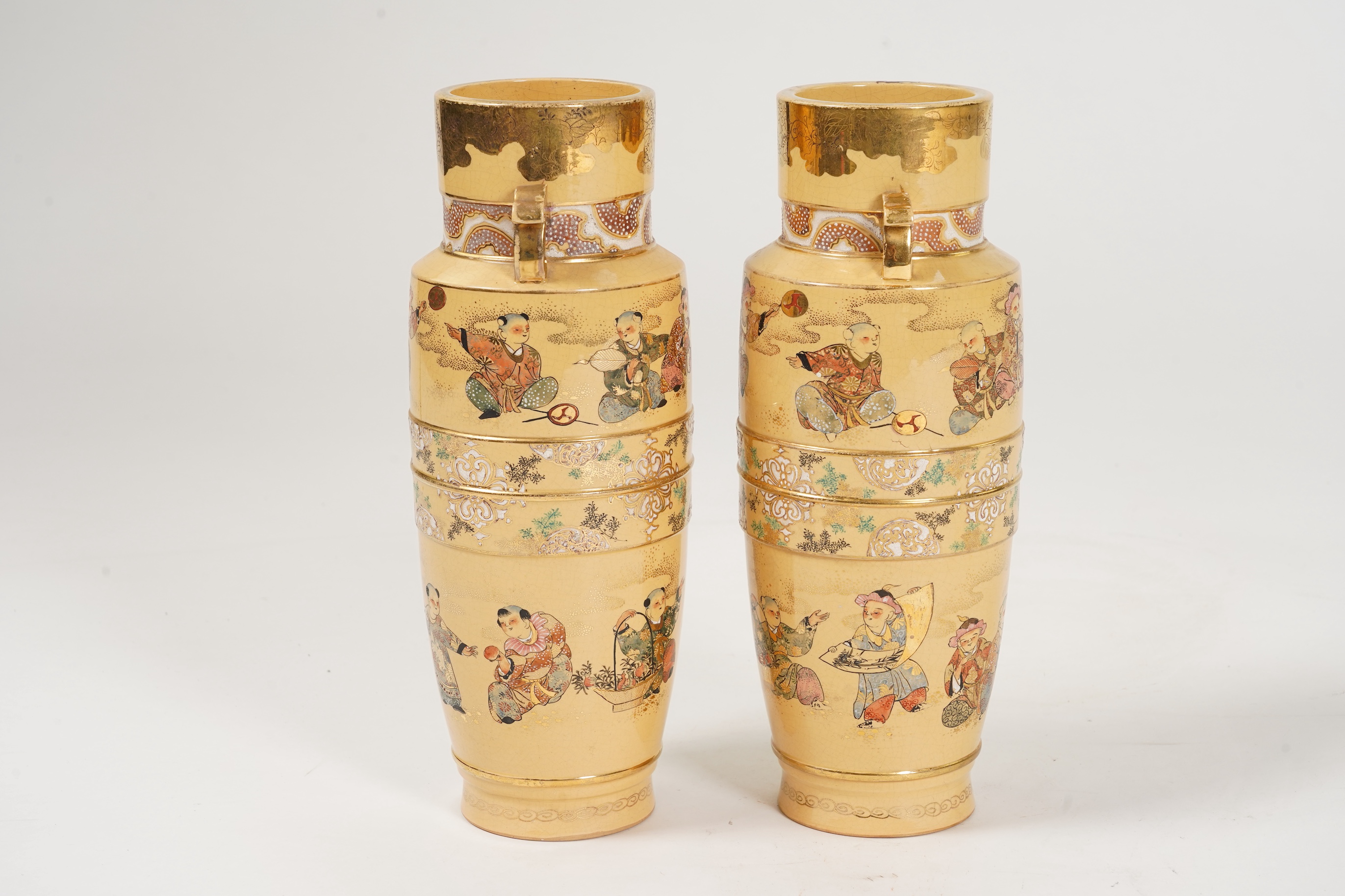 A rare pair of Japanese Satsuma lustre glazed vases, signed Fukumara, Meiji period